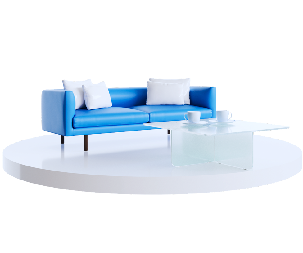 изображение дивана с магкими подушками и журнальным столиком